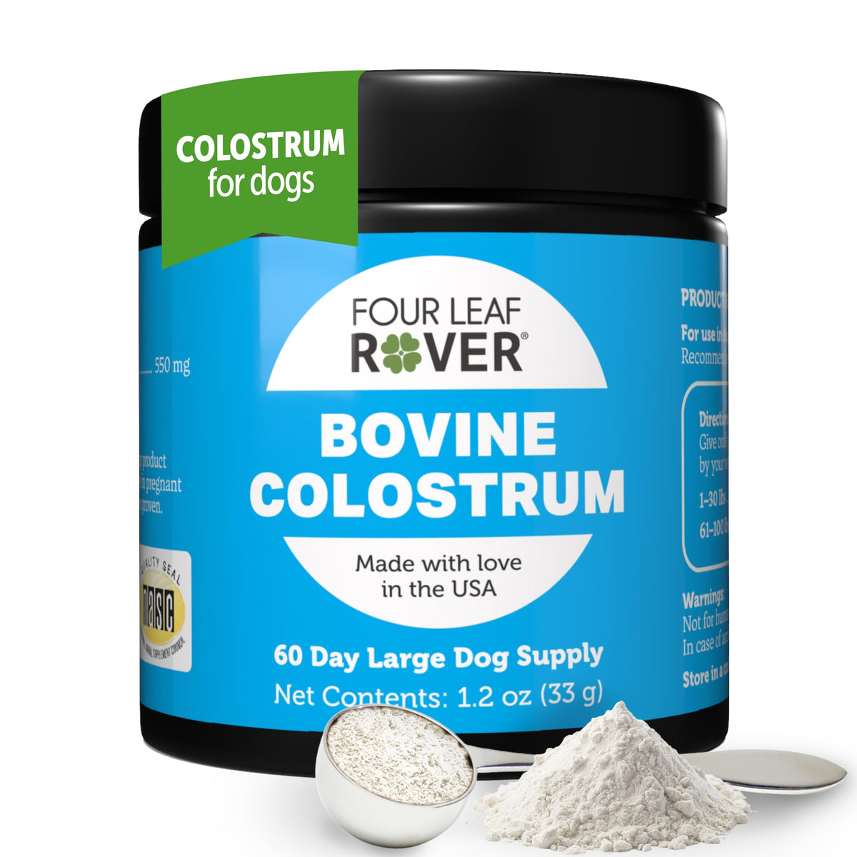 Four Leaf Rover bovine colostrum dog supplement bottle supports gut and immune health.