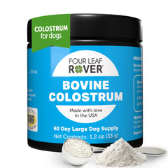 Four Leaf Rover bovine colostrum dog supplement bottle supports gut and immune health.