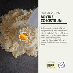 Four Leaf Rover colostrum powder, bowl, and scoop ready to mix with meals.