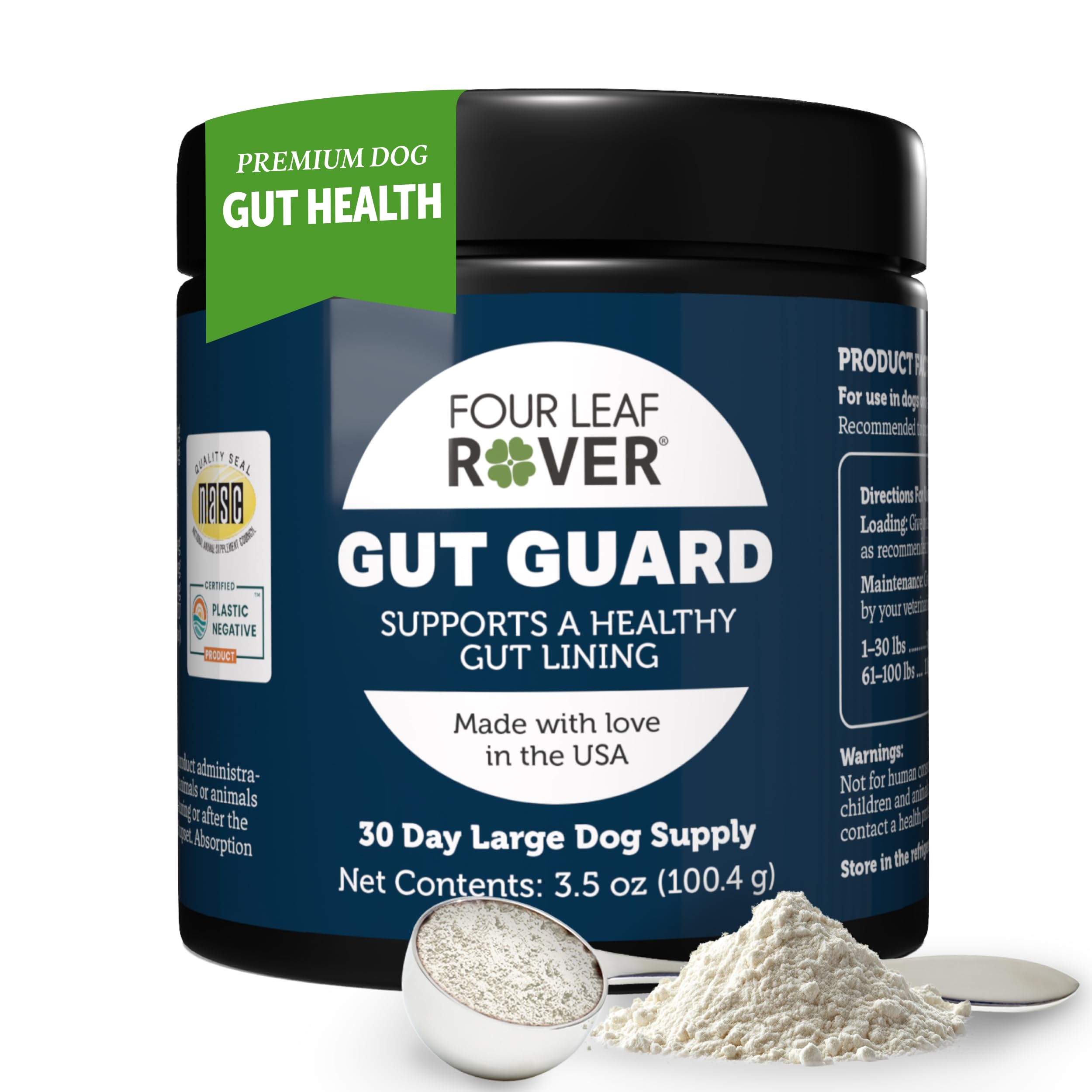 Four Leaf Rover Gut Guard bottle—vet-formulated probiotic blend for gut support.