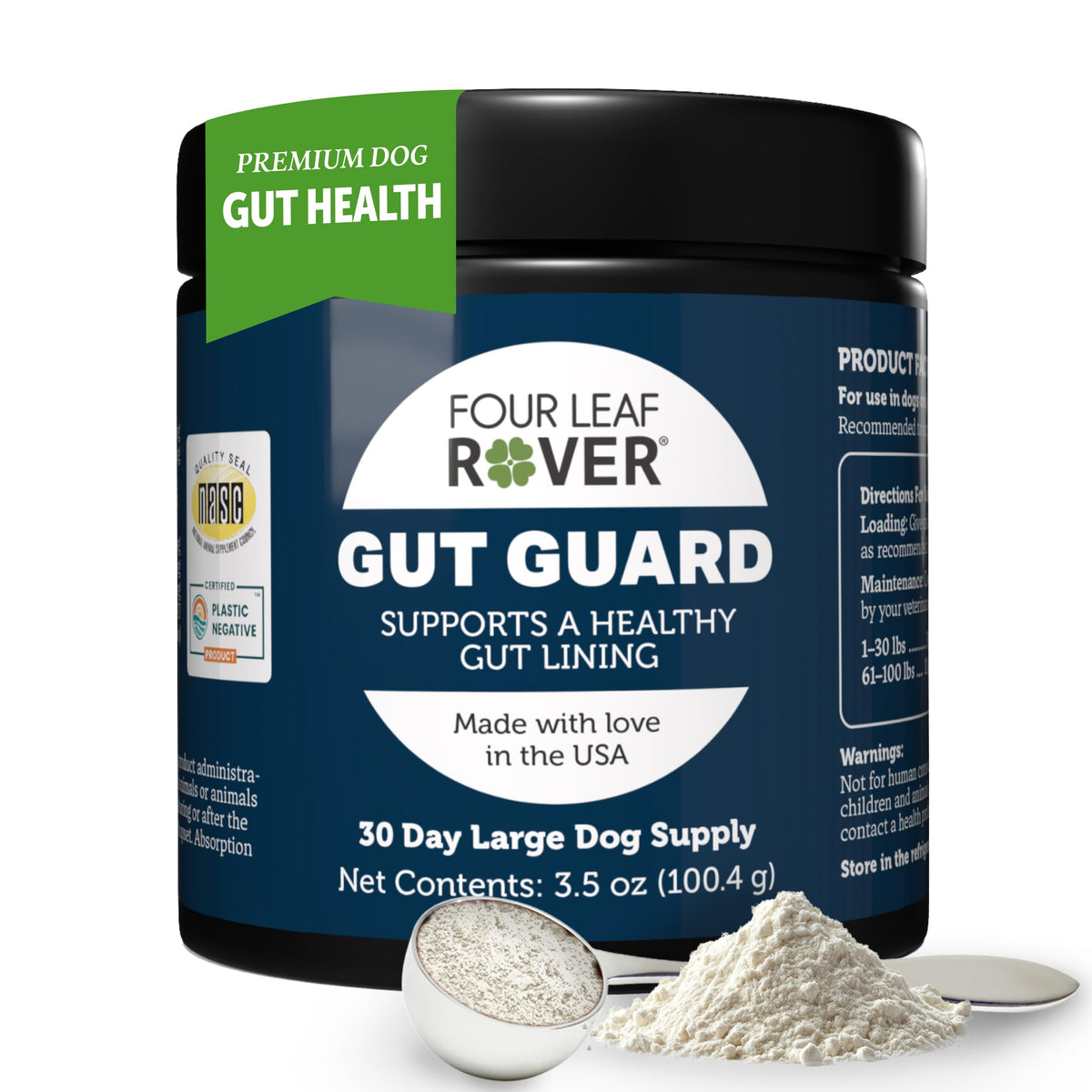 Four Leaf Rover Gut Guard bottle—vet-formulated probiotic blend for gut support.