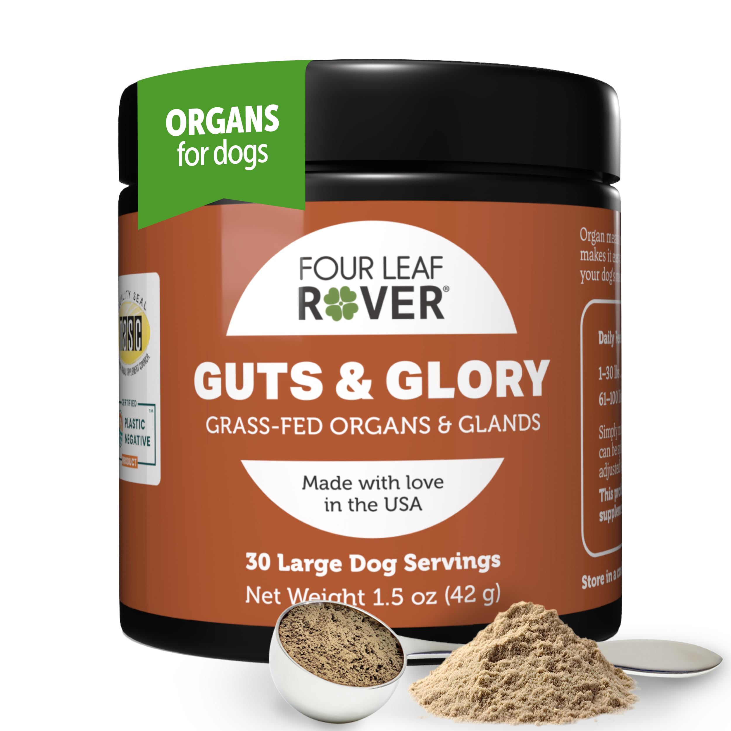 Four Leaf Rover guts-glory-packaging highlights a premium organ blend for dogs' daily meals.