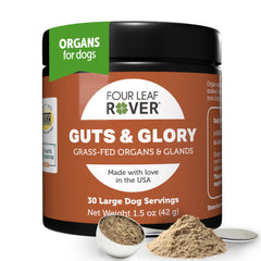 Four Leaf Rover guts-glory-packaging highlights a premium organ blend for dogs' daily meals.