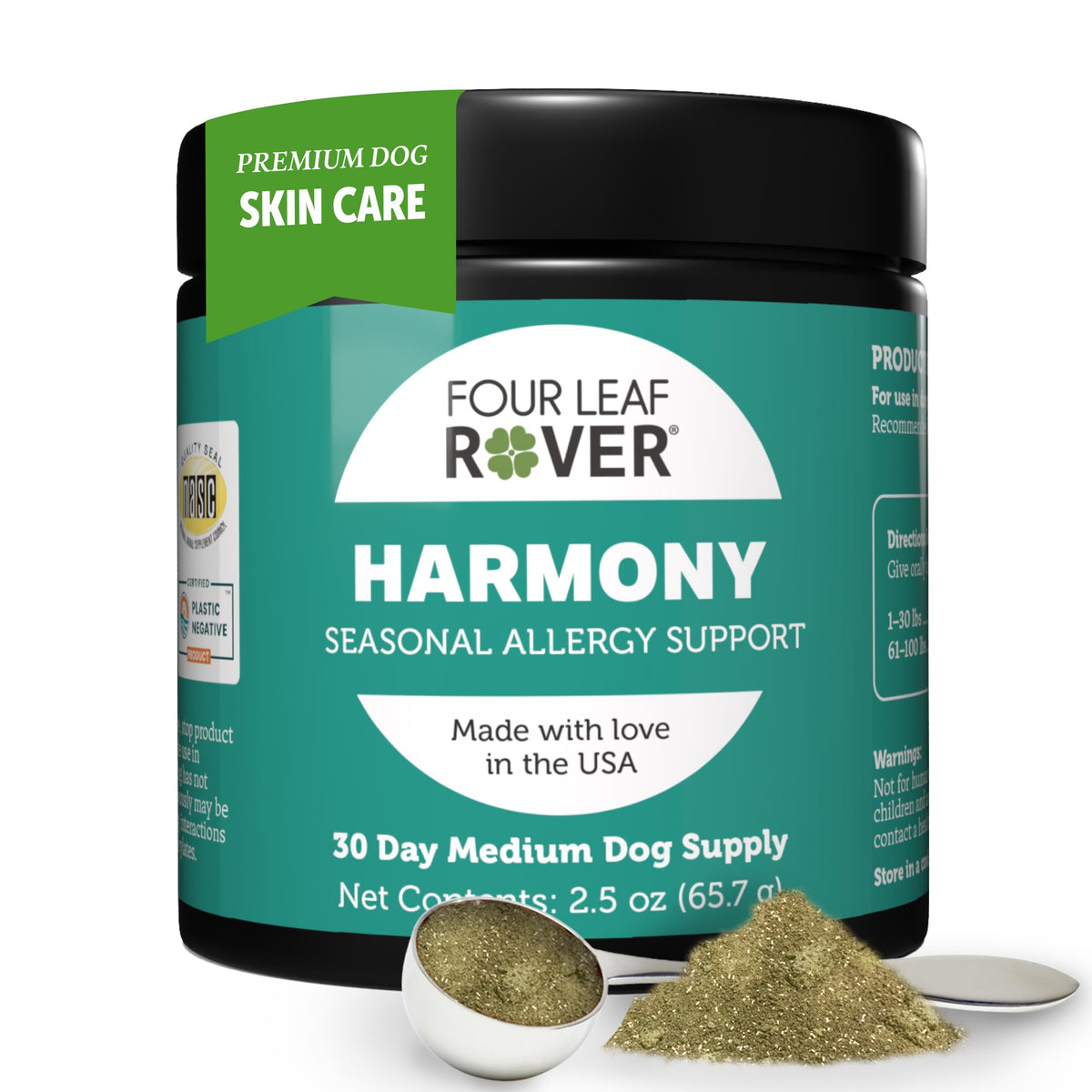 Four Leaf Rover Harmony bottle-front for dog skin support.