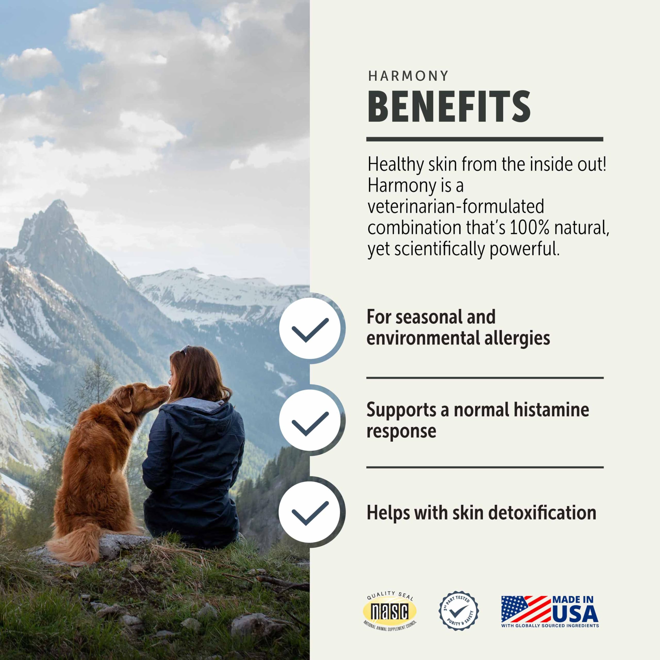Four Leaf Rover Harmony dog-coat shine visual highlighting skin health.