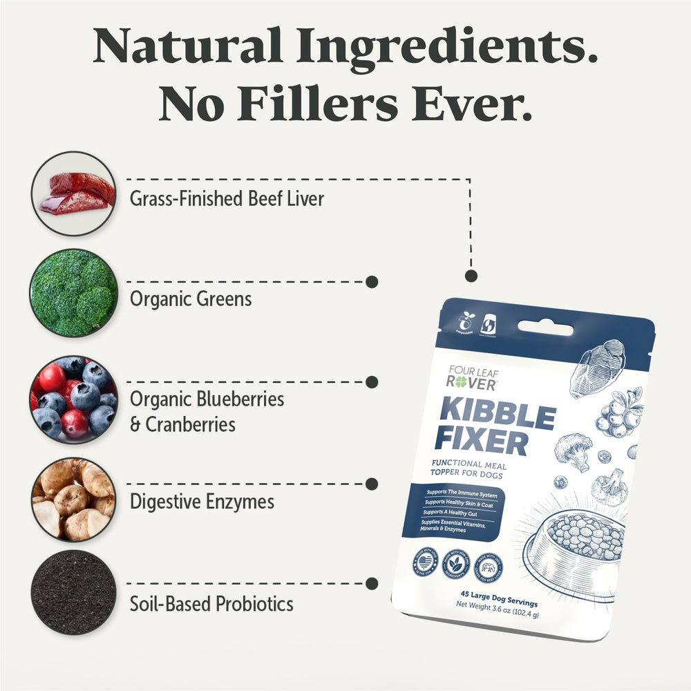 FOUR LEAF ROVER Kibble Fixer packaging-label closeup for ingredient clarity.