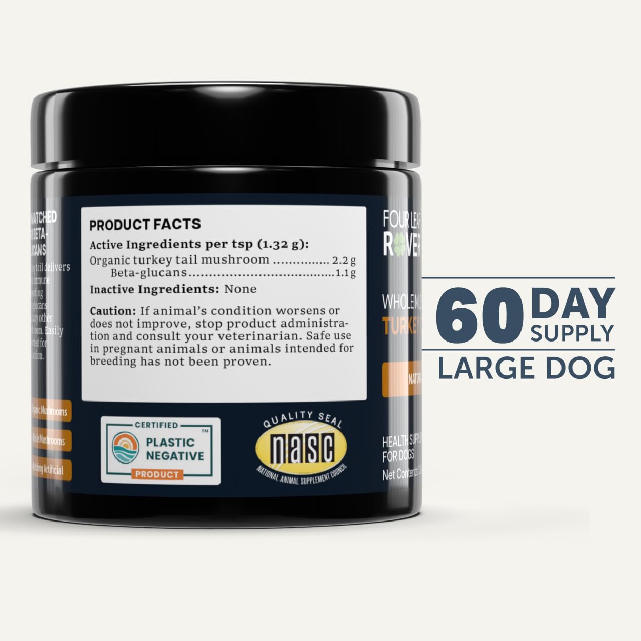 Four Leaf Rover large-dog-supply visual implies a long-term solution with a 60-day plan.