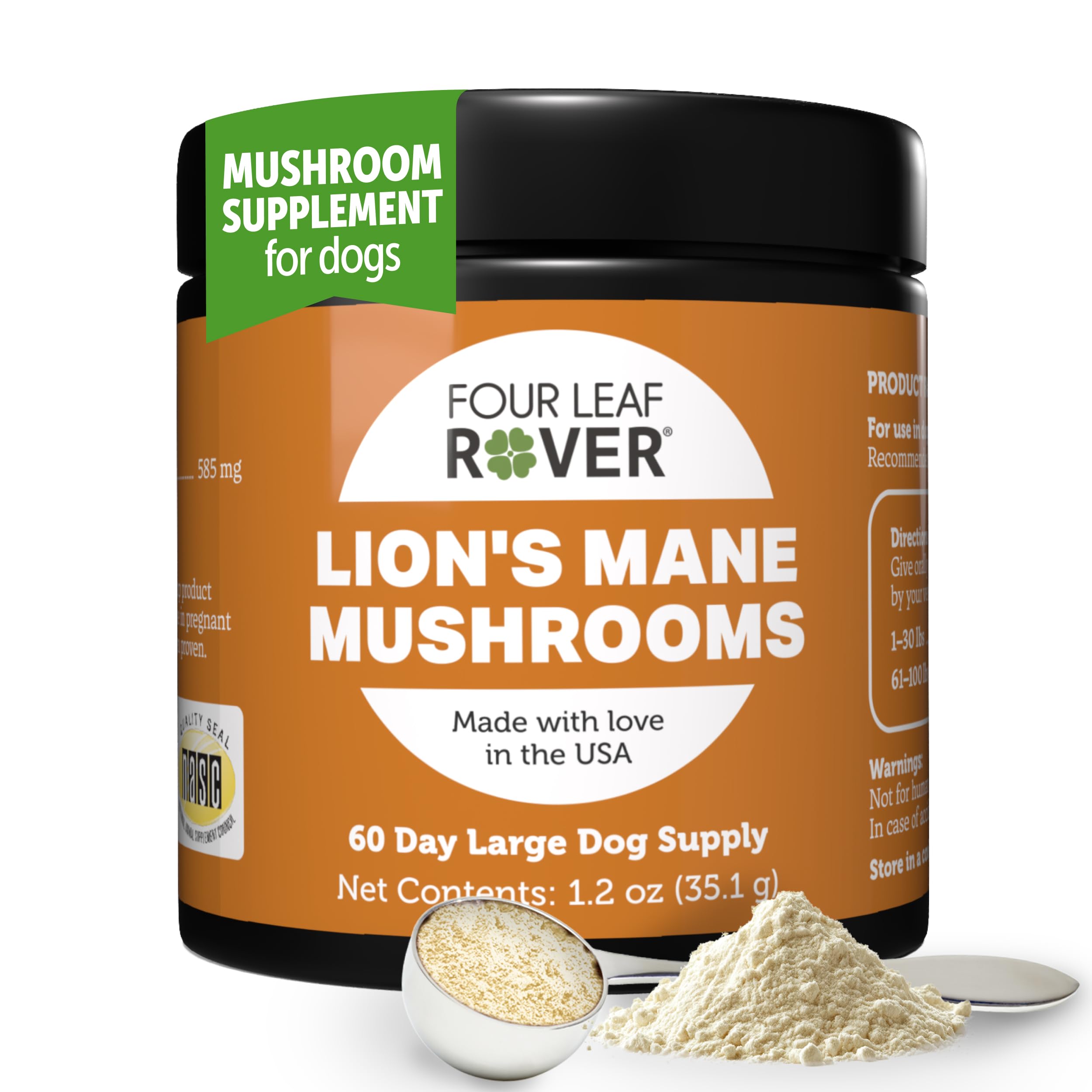 Four Leaf Rover Lion's Mane dog bottle pour boosts cognitive support potential.