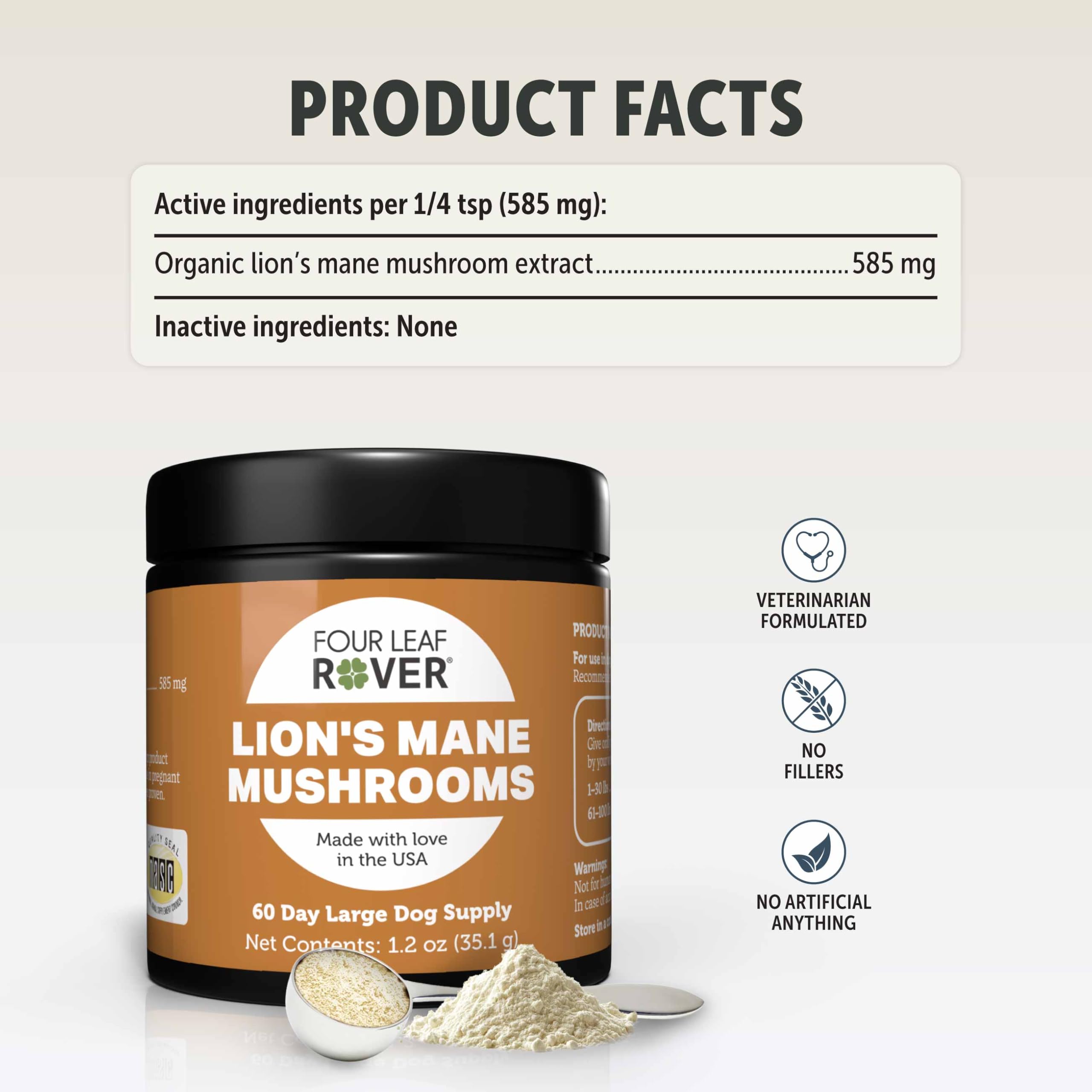 Four Leaf Rover Lion's Mane organic mushrooms plate highlights quality and daily support.