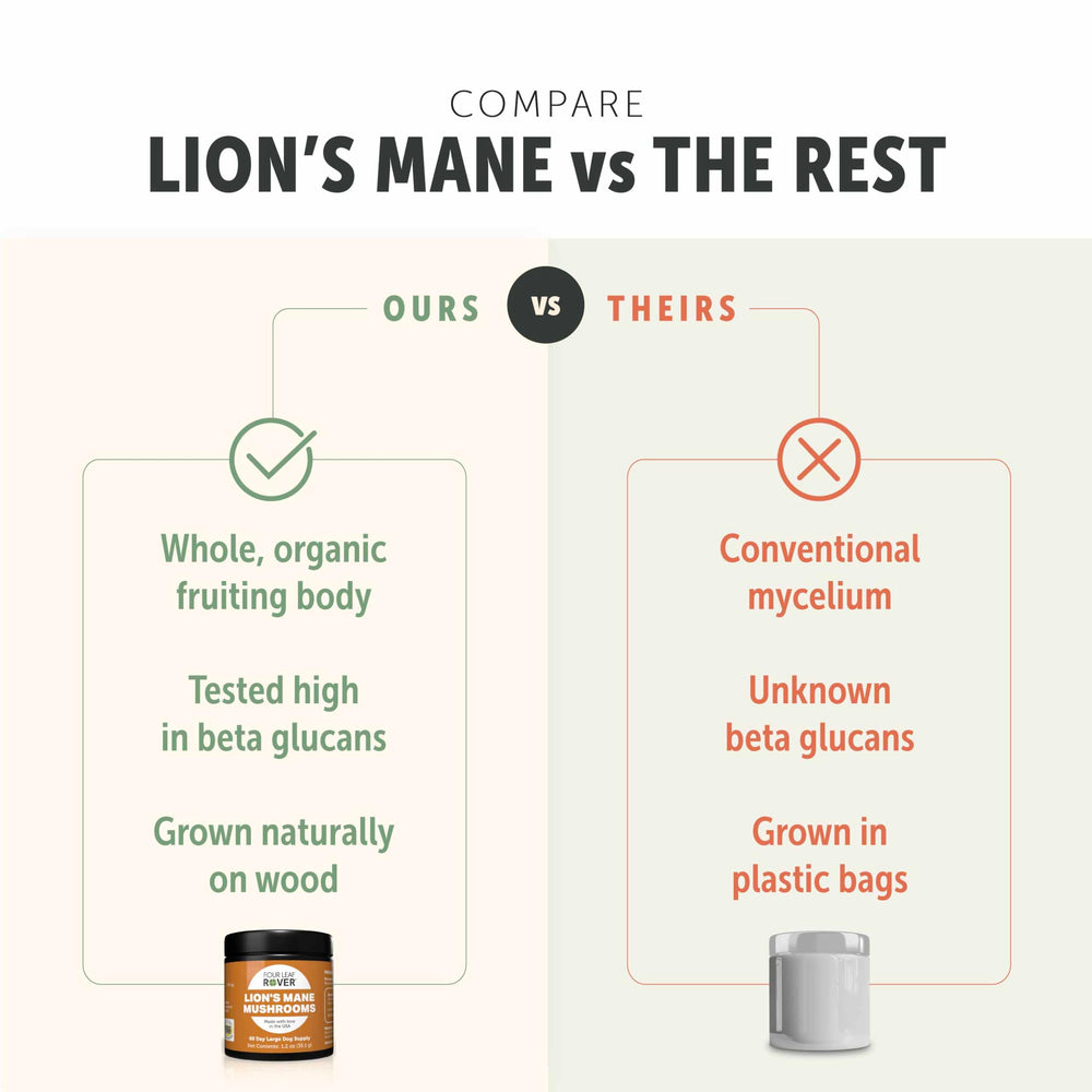 Four Leaf Rover Lion's Mane third-party-tested label closeup confirms safety and purity.