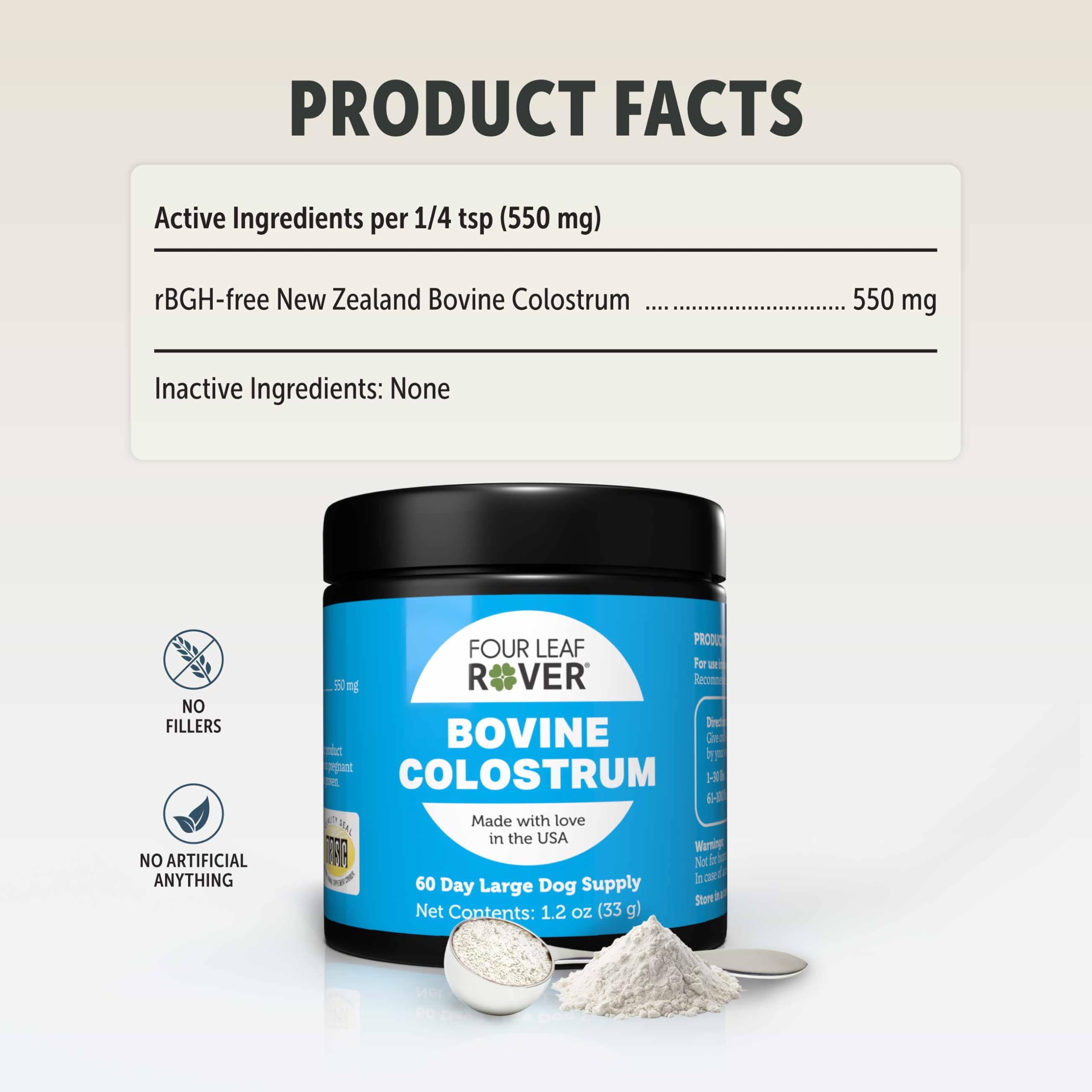 Four Leaf Rover NASC-certified badge signaling safety-tested supplement for dogs.