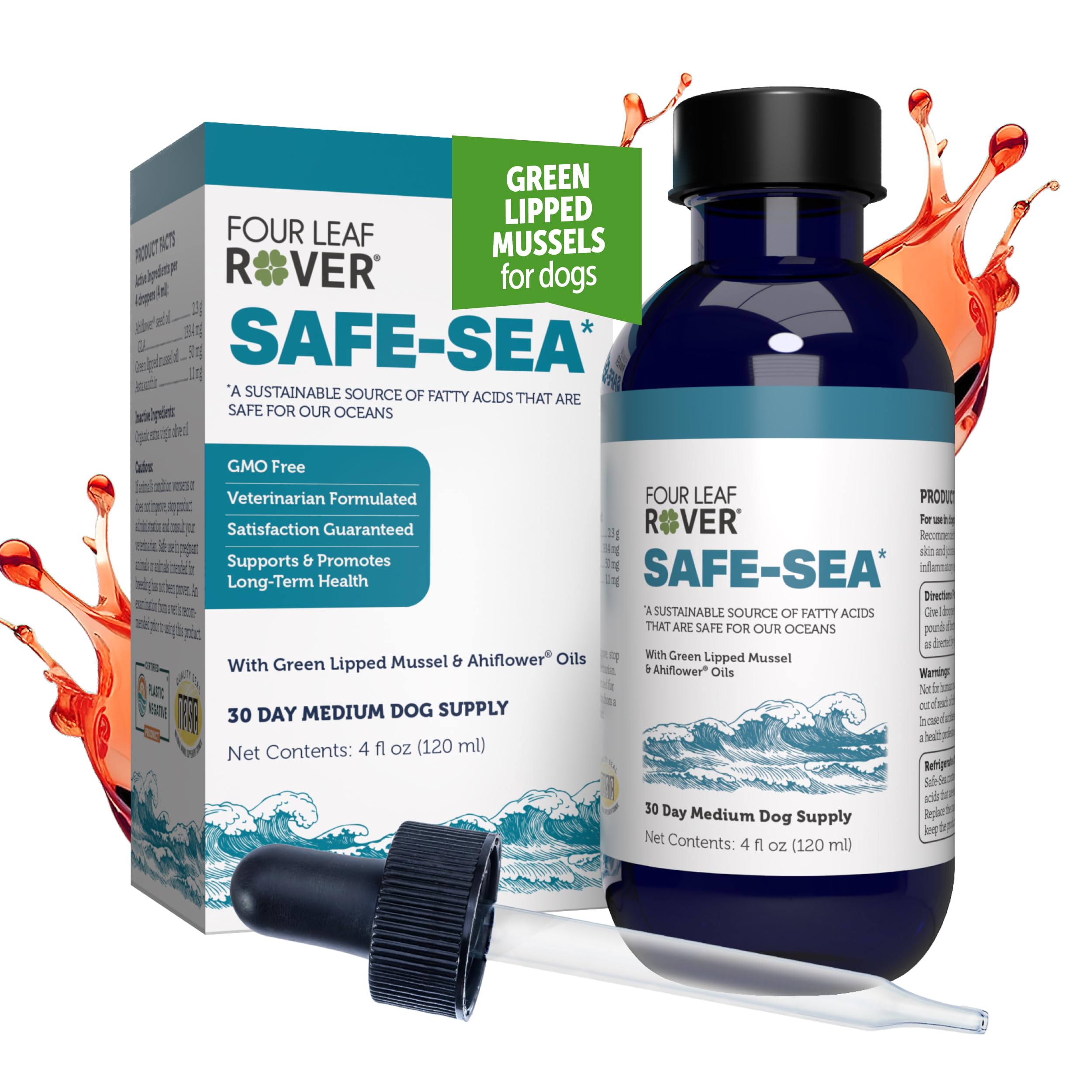 Four Leaf Rover Safe-Sea bottle showcasing premium joint-support supplement for dogs.