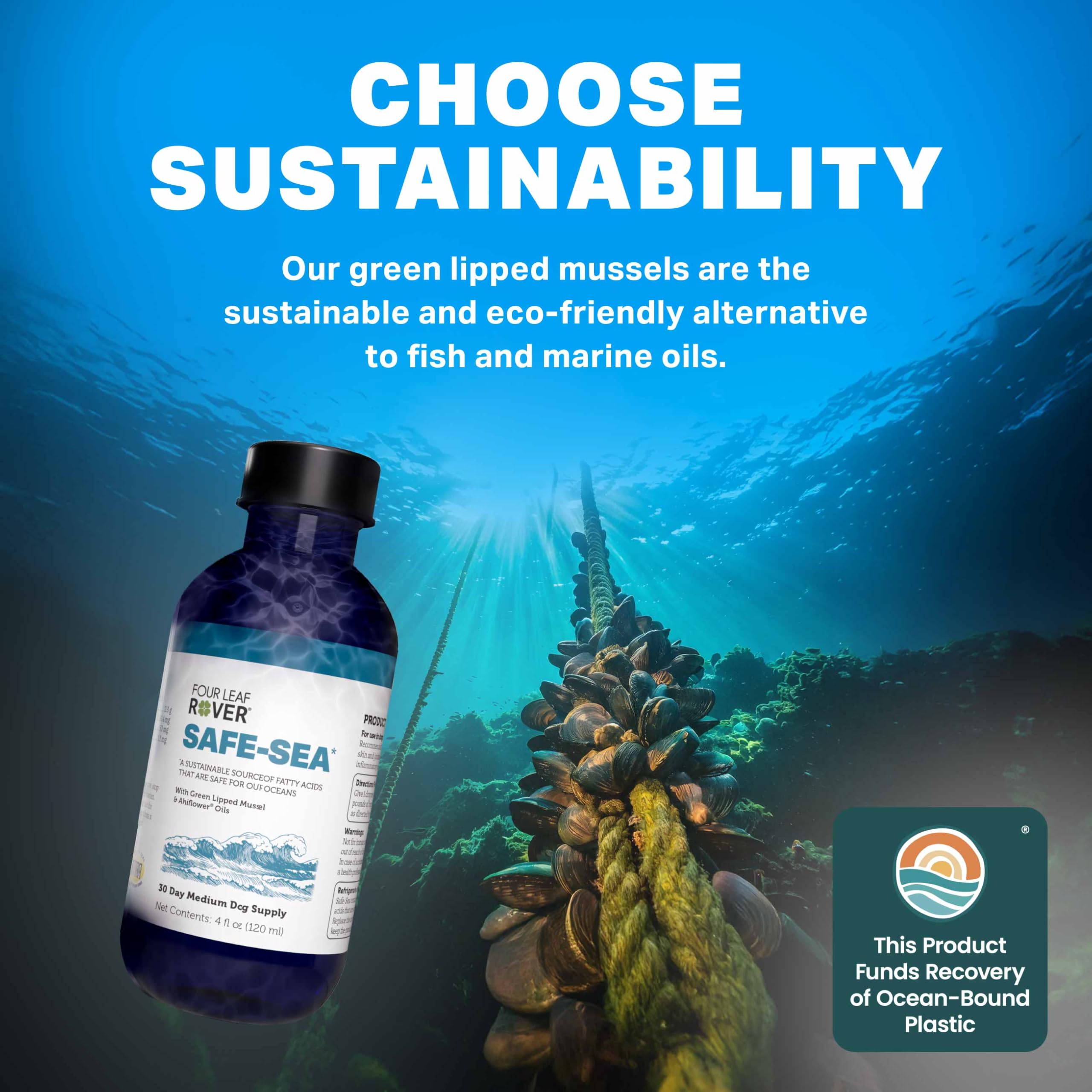 Four Leaf Rover Safe-Sea veterinarian-formulated label suggests trusted canine nutrition support.