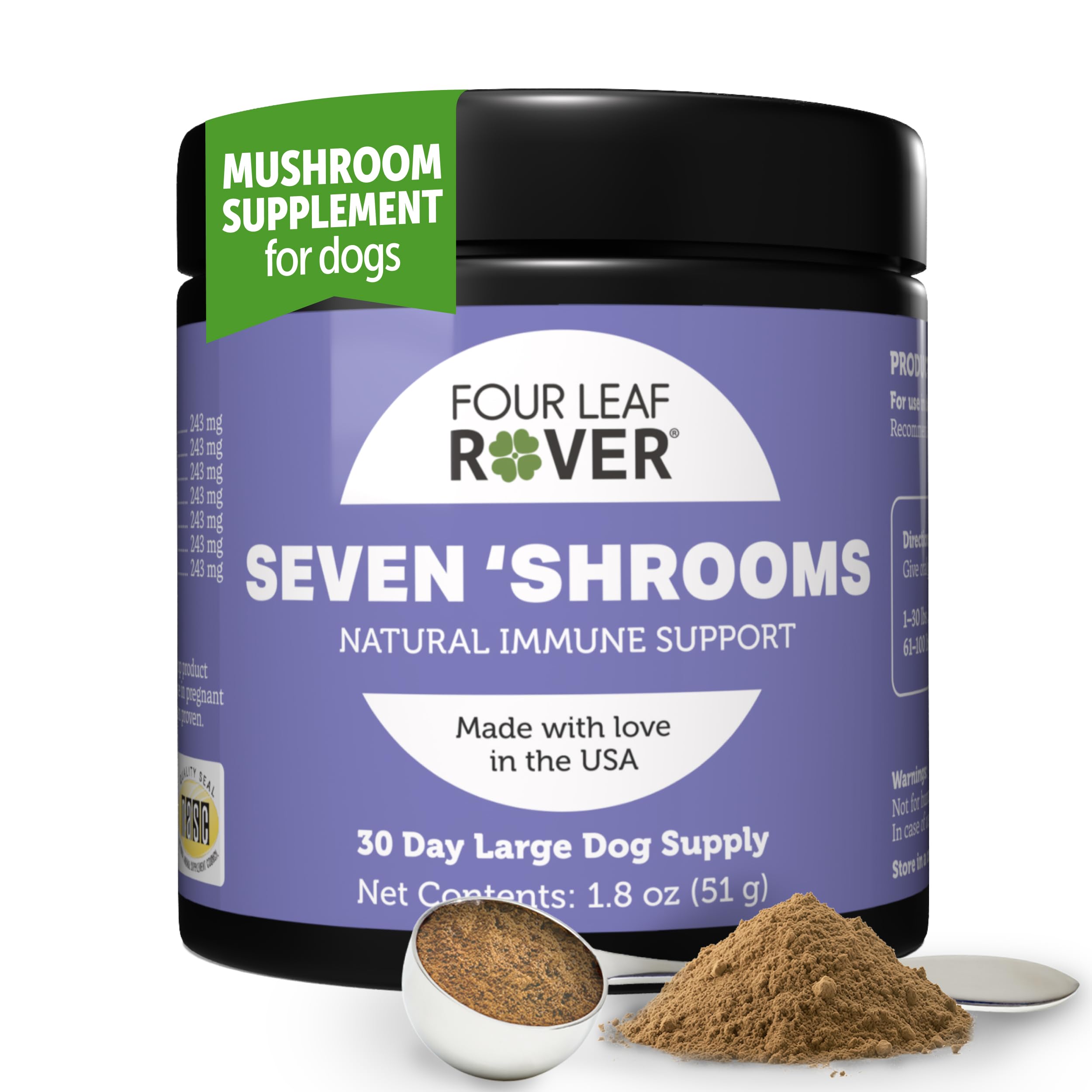 Four Leaf Rover Seven Shrooms bottle-front highlights a natural dog immune-support supplement.
