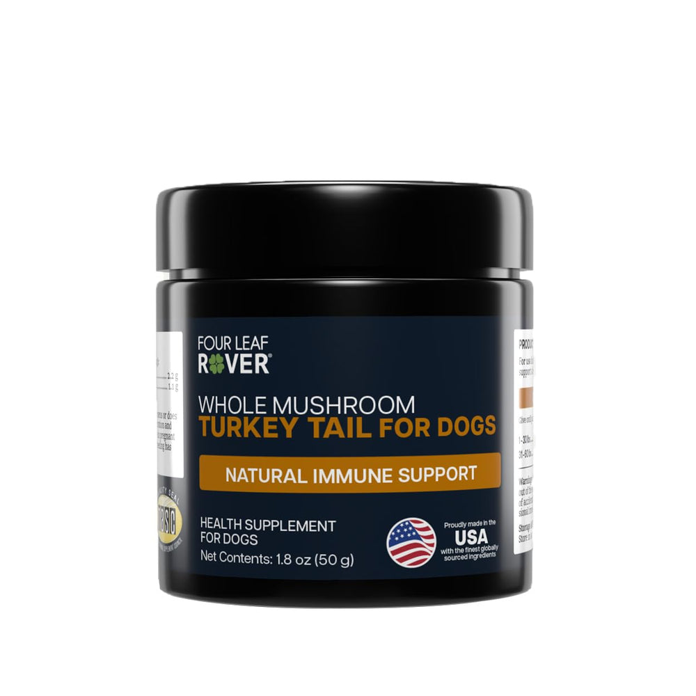 Four Leaf Rover Turkey Tail powder bottle blends easily into dog meals for daily immune-support potential.