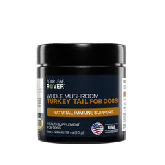 Four Leaf Rover Turkey Tail powder bottle blends easily into dog meals for daily immune-support potential.