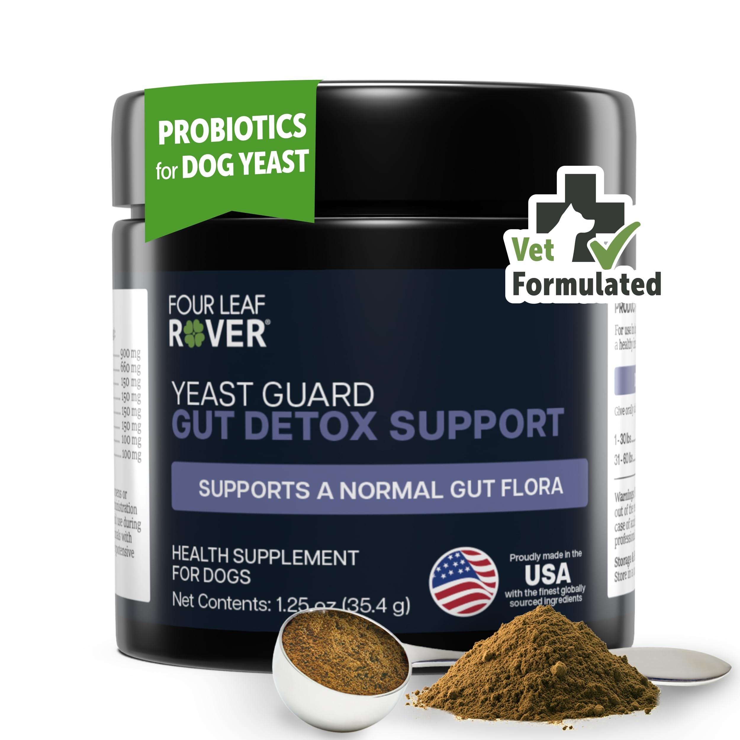 Four Leaf Rover Yeast Guard bottle shows vet-formulated care for dog's skin and ears.