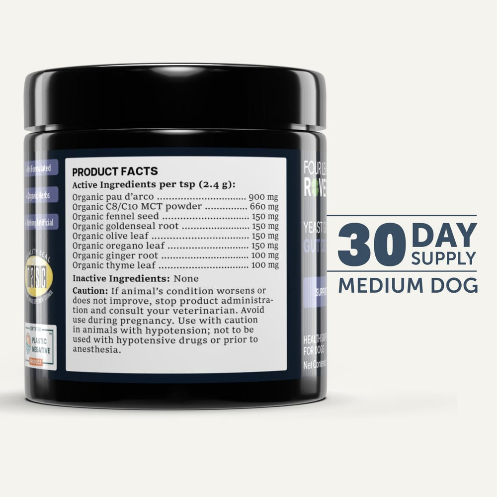 Four Leaf Rover Yeast Guard easy dosing scene demonstrates simple daily use.