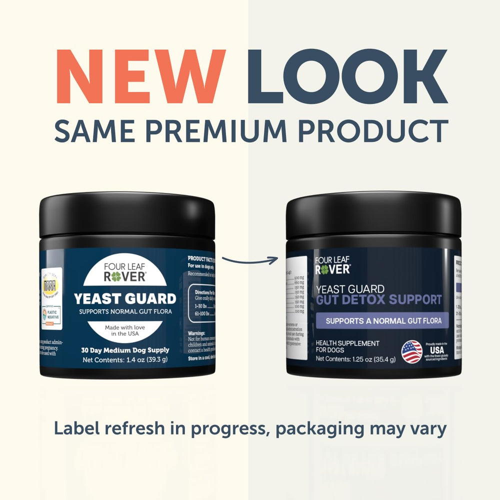 Four Leaf Rover Yeast Guard label highlights organic herbs for gentle yeast support.