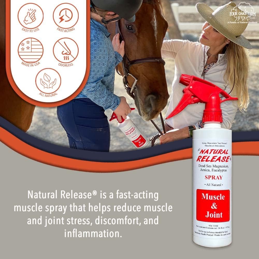 Four Oaks Farm Ventures spray application on a horse's shoulder for quick-use relief