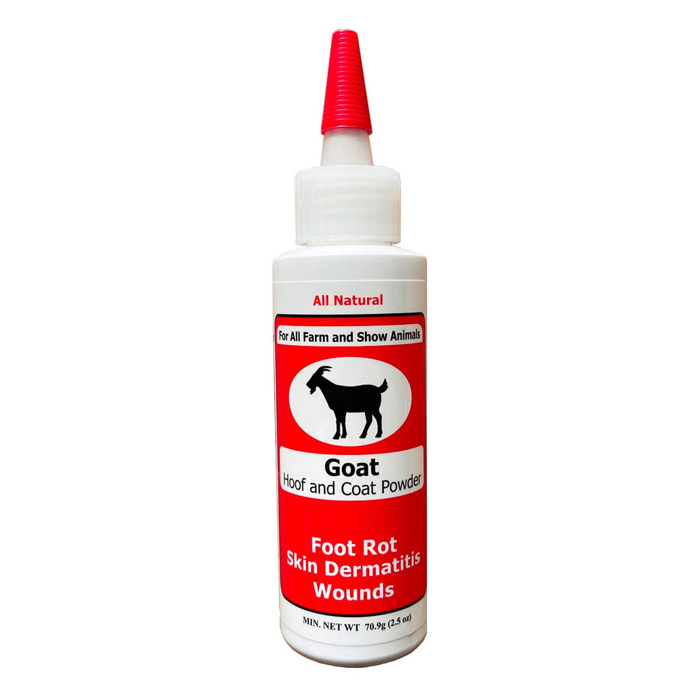 Four Oaks Goat Hoof & Coat Powder jar closeup for wound care and prevention.