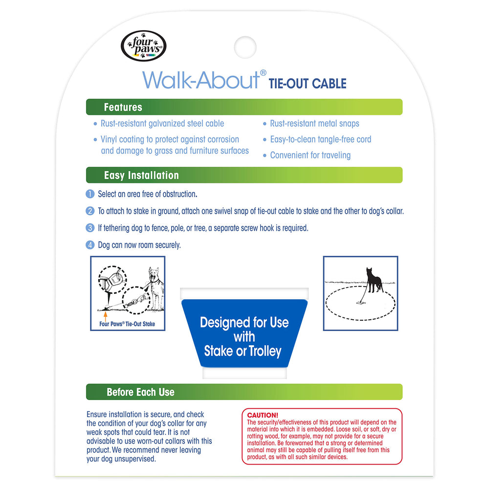 Four Paws Heavy Weight Tie Out Cable rust-proof construction resists corrosion