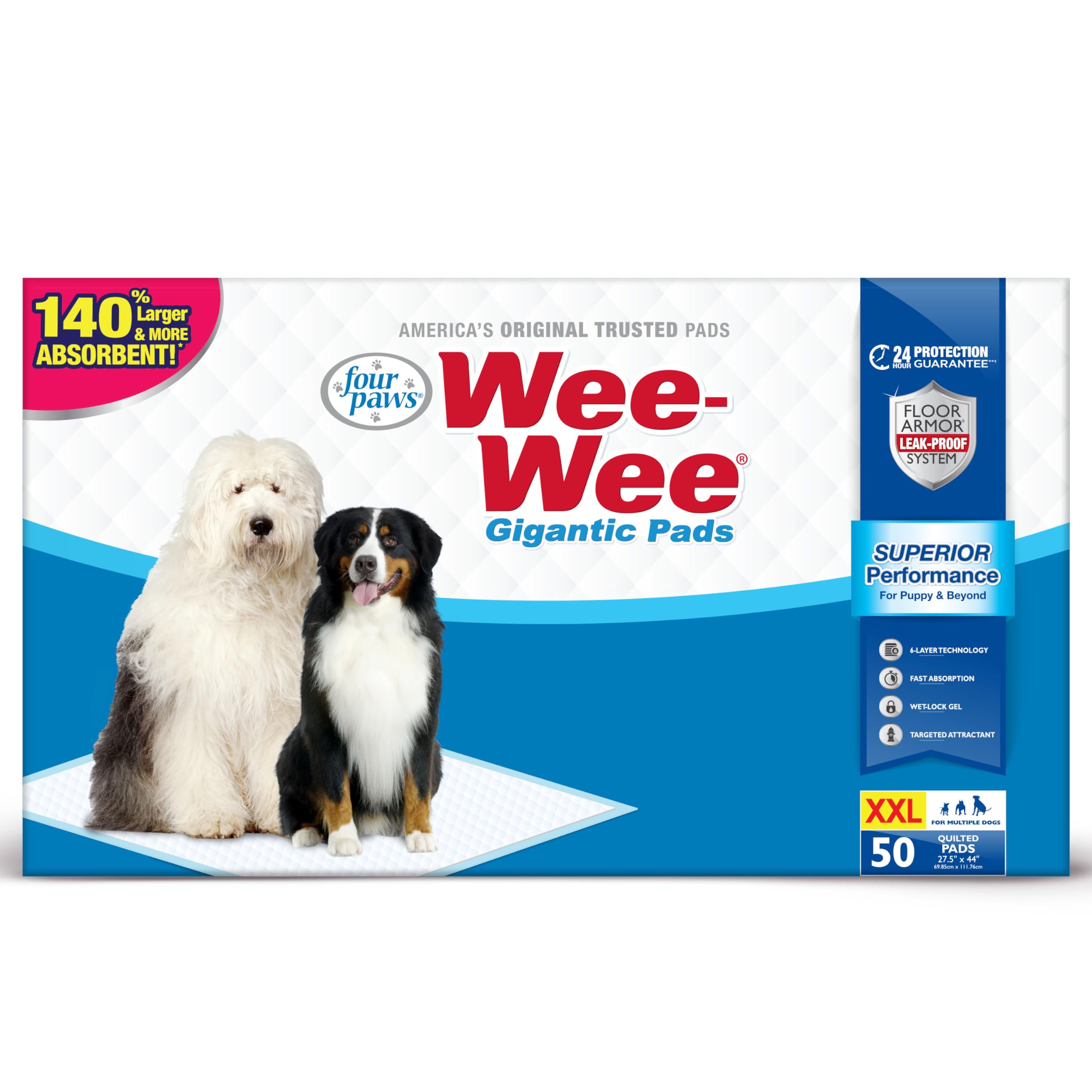 Four Paws Wee-Wee giant-dog-pee-pad-27-5in-x-44in for maximum coverage.
