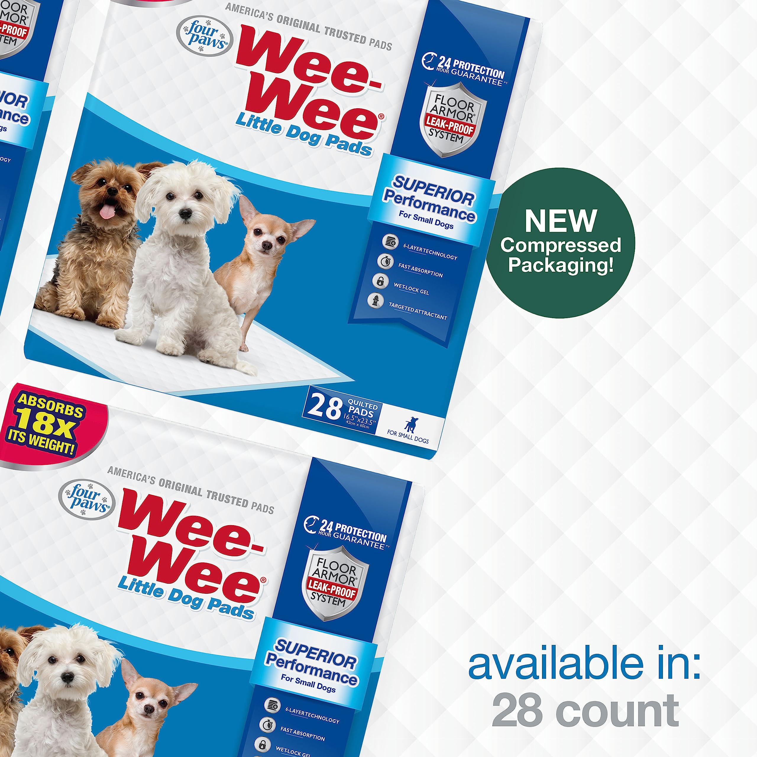 Four Paws Wee-Wee Pad 28-count package provides steady supply