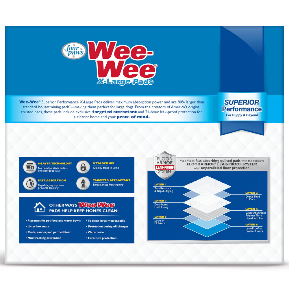 Four Paws Wee-Wee pad demonstrates 6-layer leak-proof design for reliable moisture control.