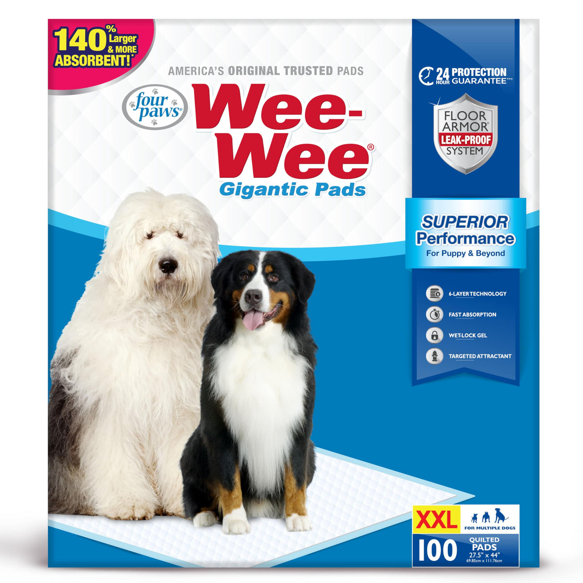 Four Paws Wee-Wee pad giant size coverage assists large dogs with easy training and cleanup.