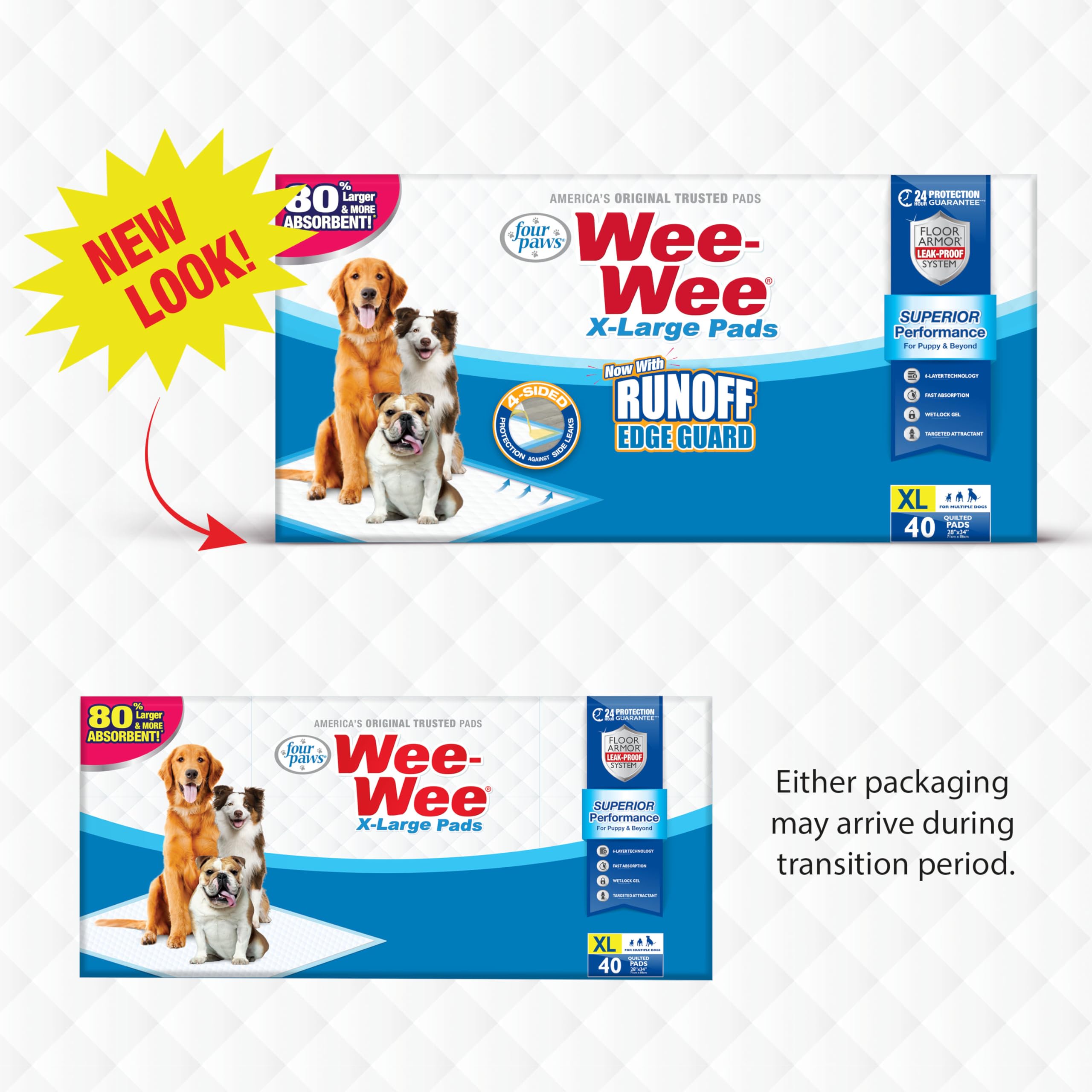 Four Paws Wee-Wee 40-count box illustrating large-surface coverage for big dogs.
