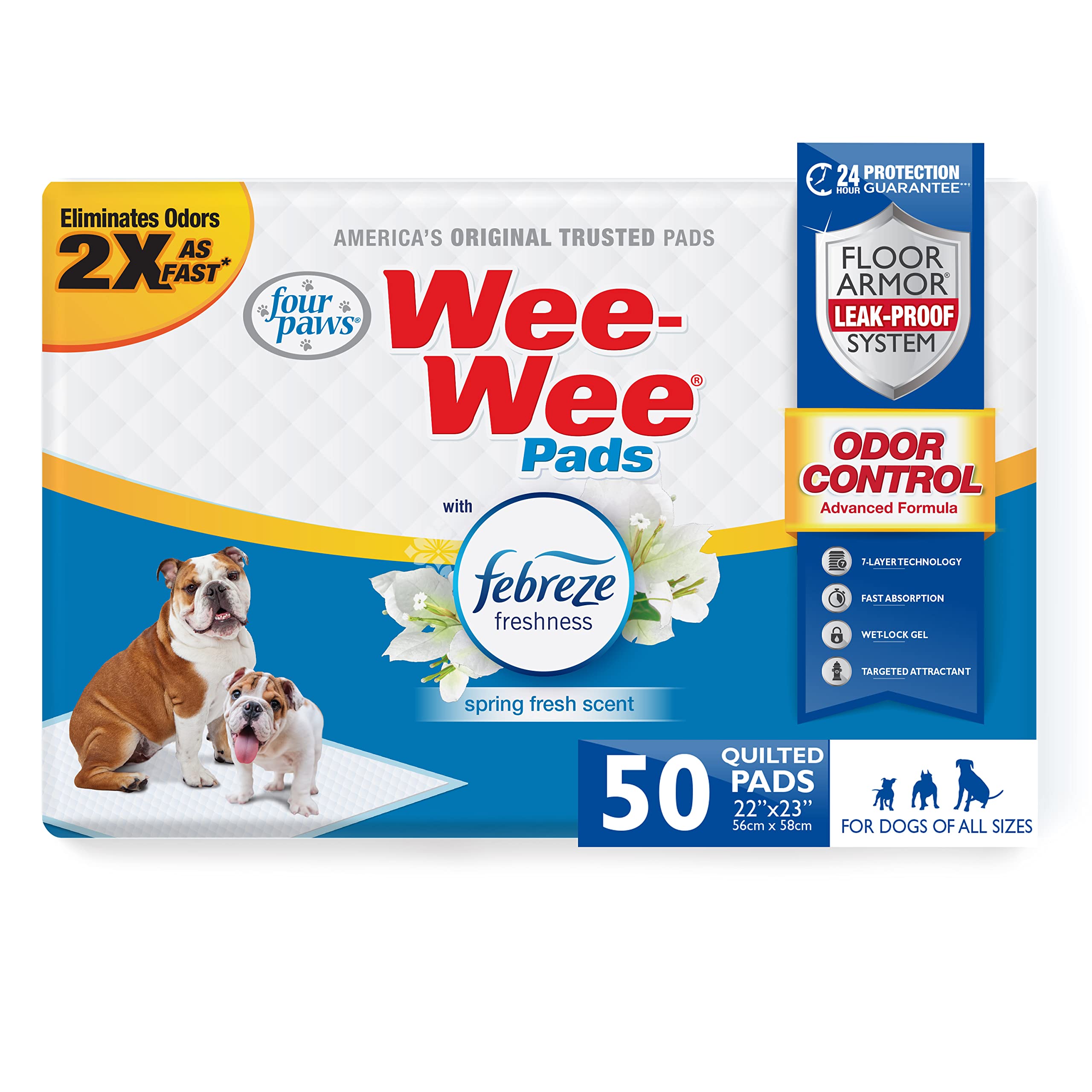 Four Paws Wee-Wee odor-control pads closeup showing absorption and Febreze freshness