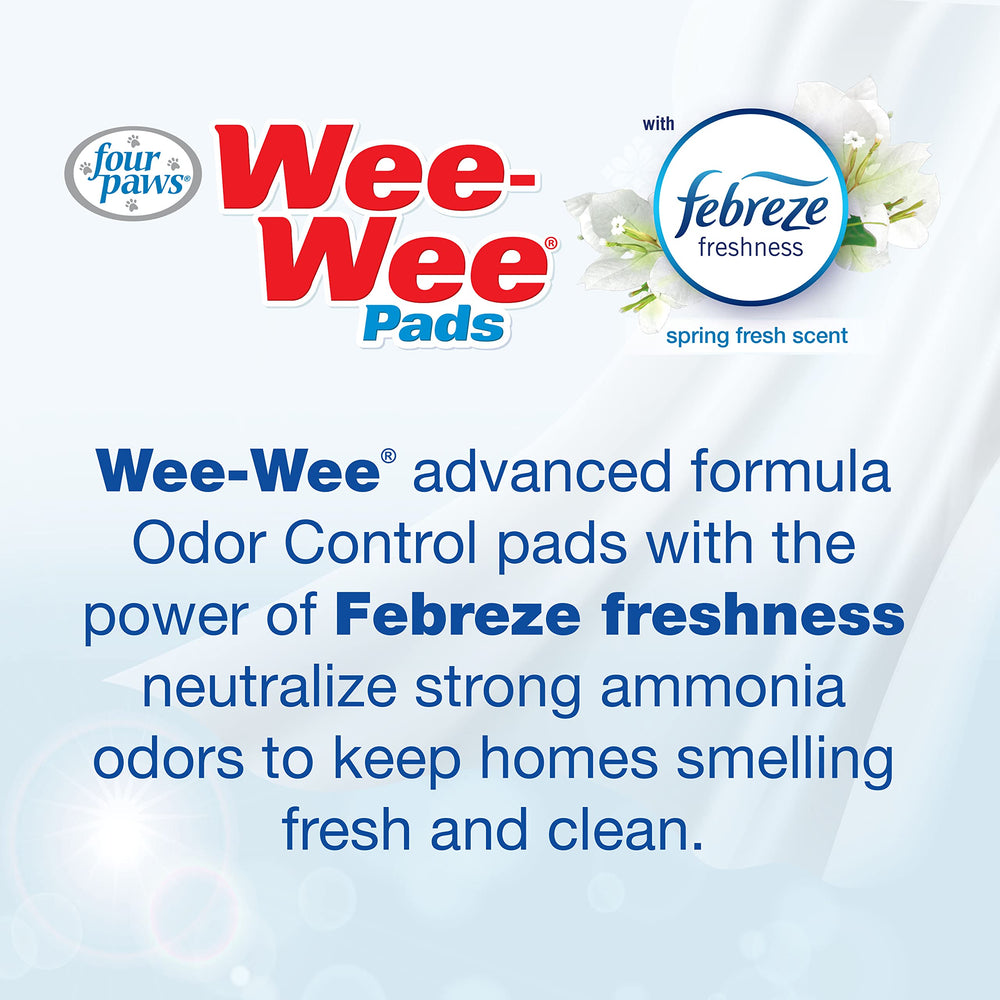 Four Paws Wee-Wee pads rapid-drying top layer visible to prevent tracking