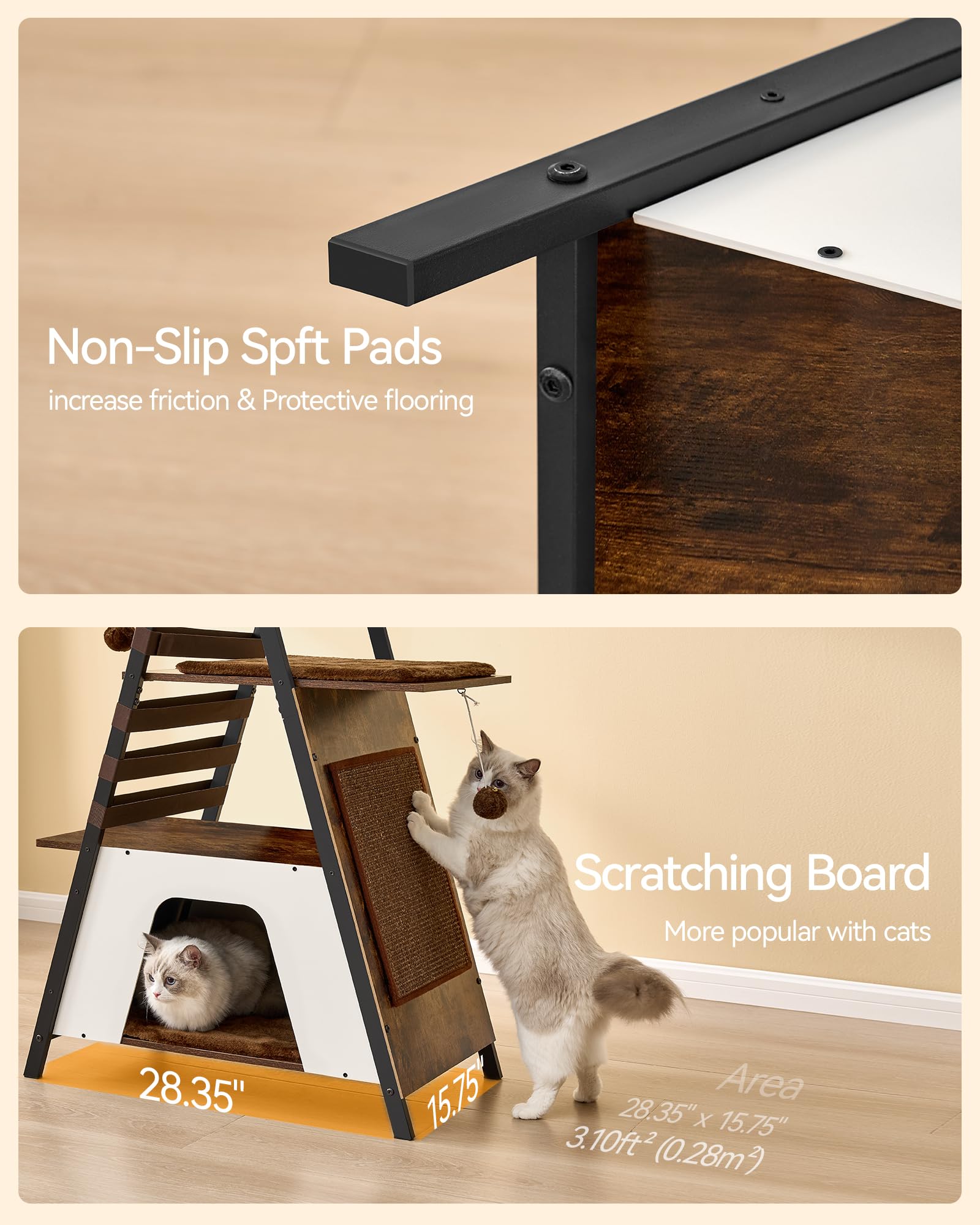 FourFurPets 72.4-inch cat tower rustic wooden finish suits home decor.