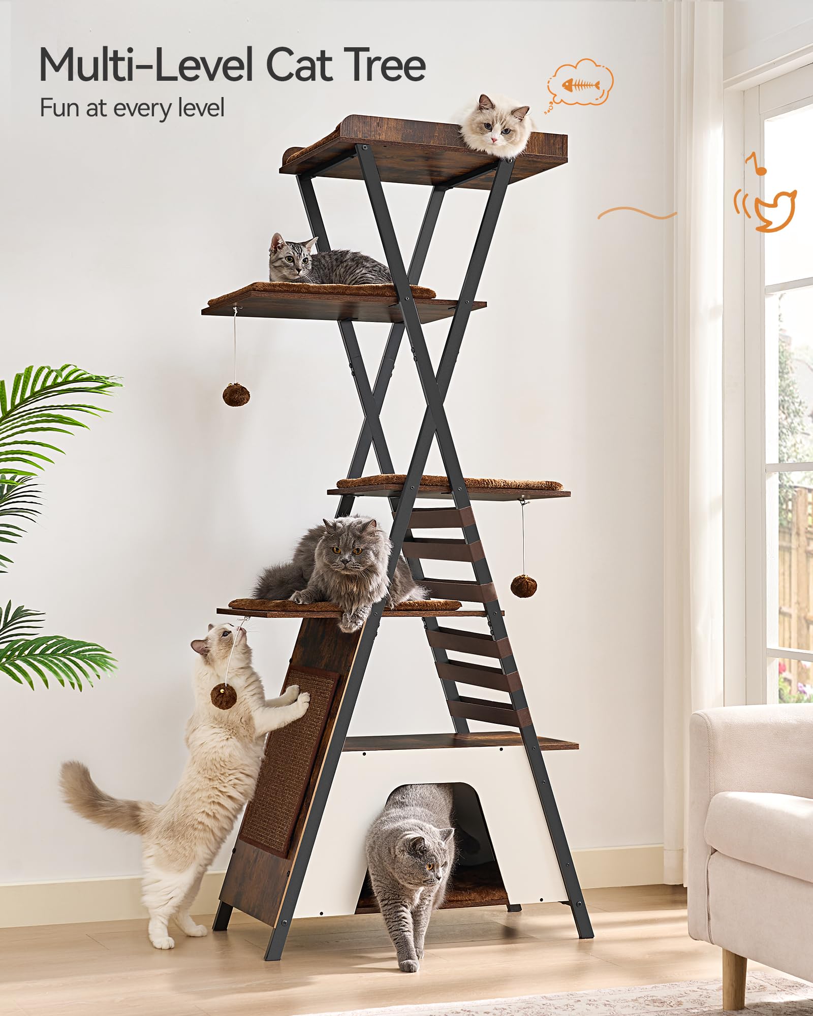 FourFurPets 72.4-inch cat tower multi level caves offer private lounging spaces.