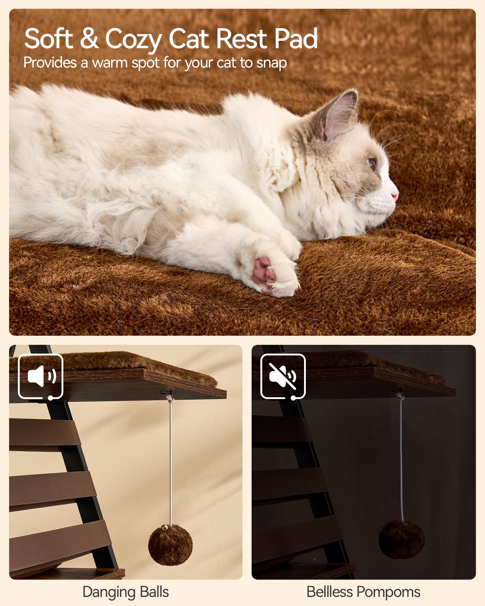 FourFurPets 72.4-inch cat tower three extra pom poms boost playtime.