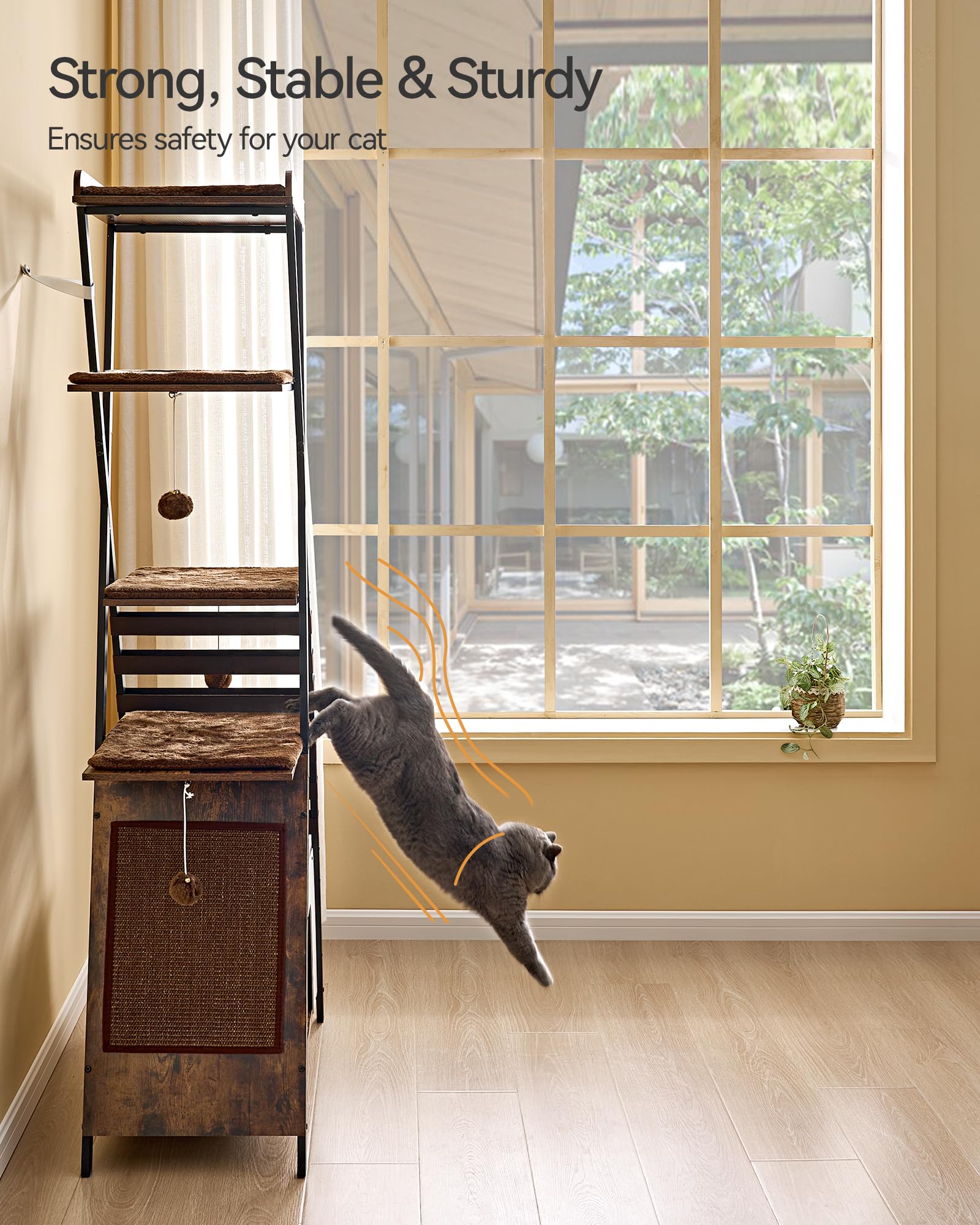 FourFurPets 72.4-inch cat tower wooden base ensures stable support during climbs.