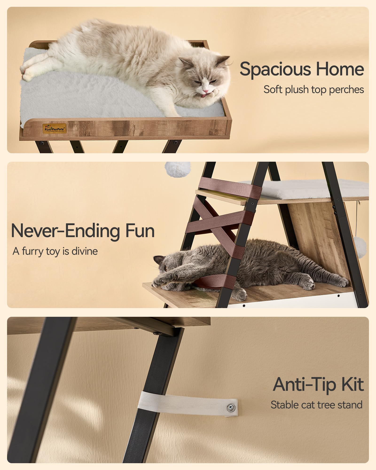 FourFurPets camel brown cat tree anti-tip base ensures stable use