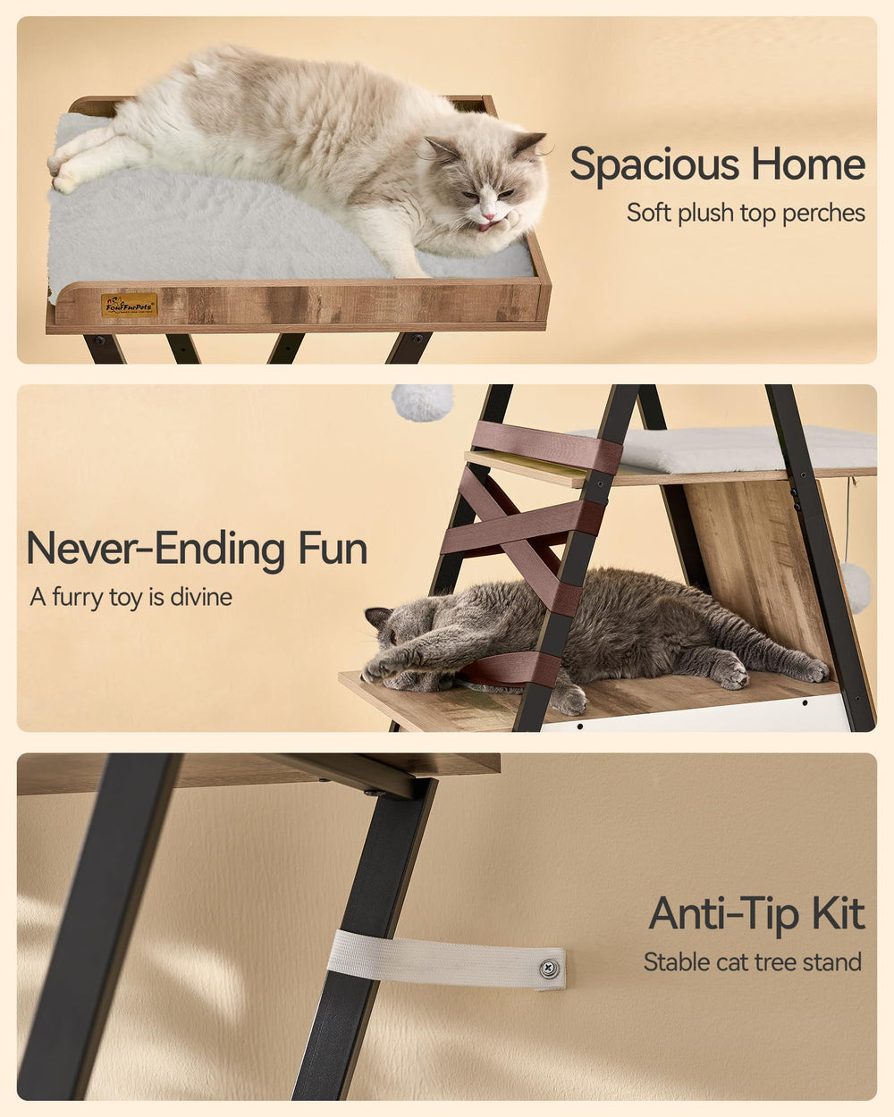 FourFurPets camel brown cat tree anti-tip base ensures stable use