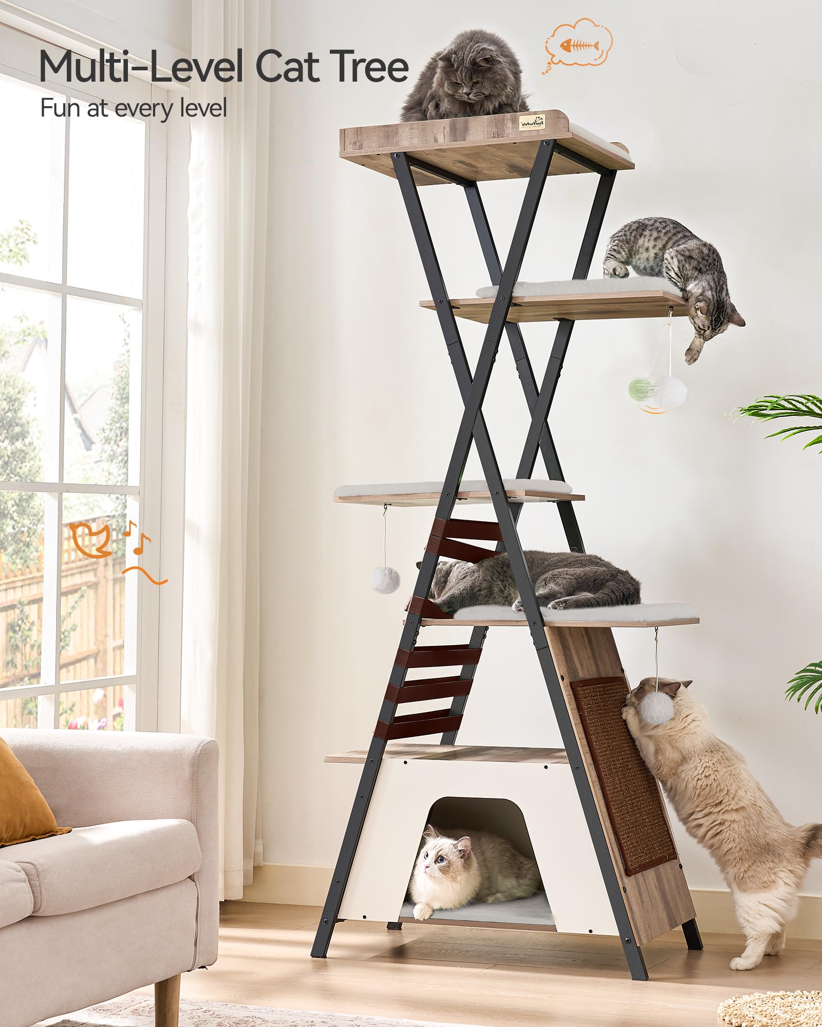 FourFurPets camel brown cat tree multi-level base supports safe play for several cats