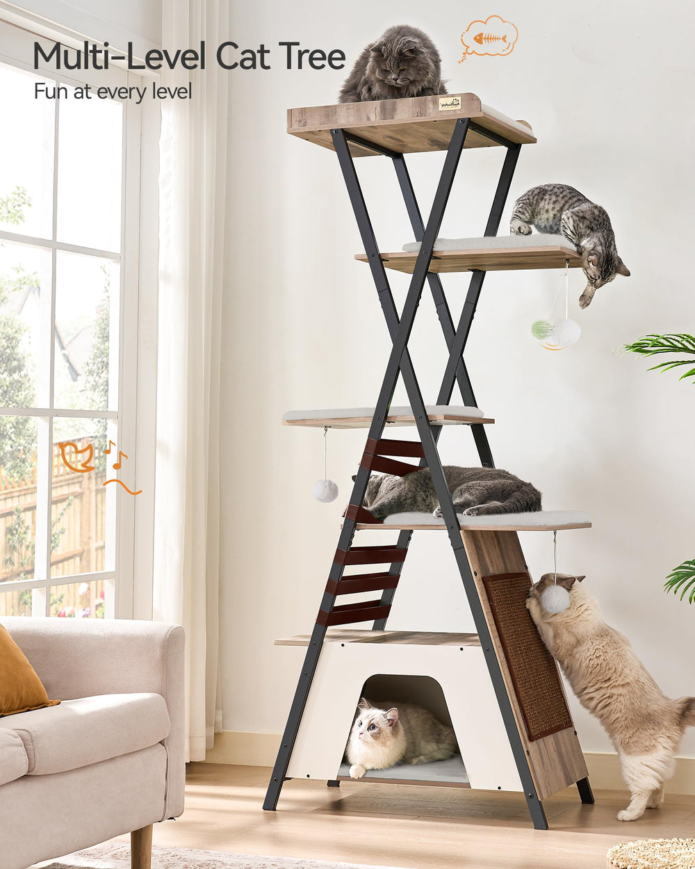FourFurPets camel brown cat tree multi-level base supports safe play for several cats