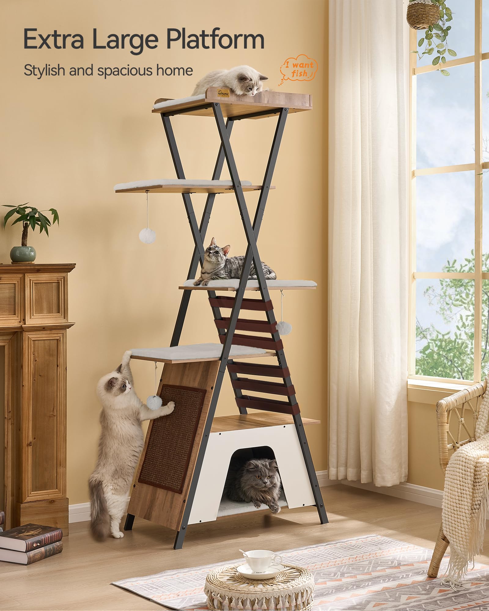 FourFurPets camel brown cat tree private apartments provide quiet retreats for cats