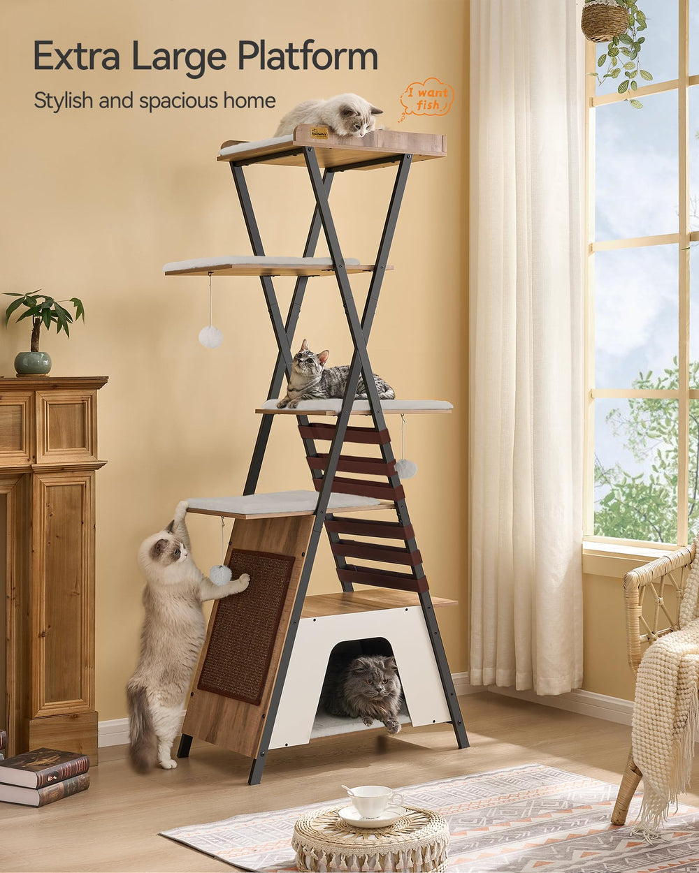 FourFurPets camel brown cat tree private apartments provide quiet retreats for cats