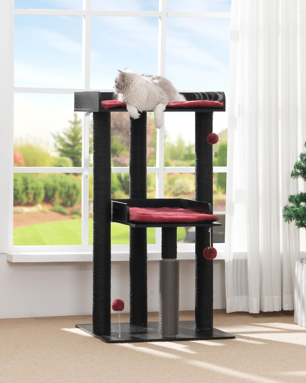 FourFurPets cat tree 43-7 self groomer delivers gentle massage for fur upkeep