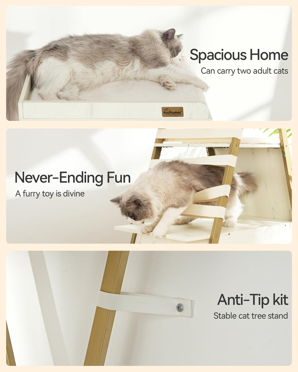 FourFurPets tall cat tree base with anti-tip kit ensures stability.