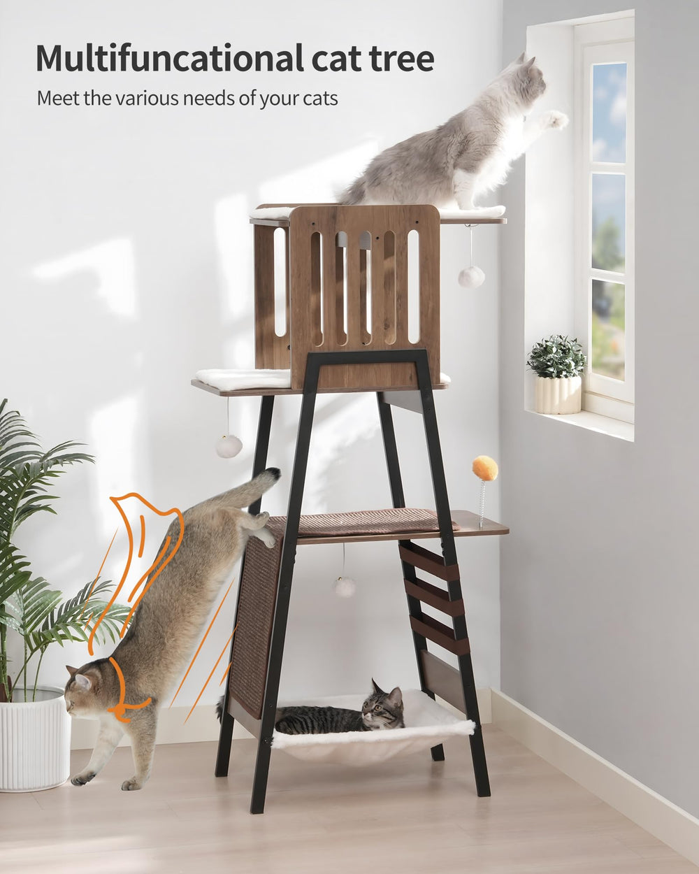 FourFurPets cat tree hammock and toys provide engaging vertical play and cozy hideaways.