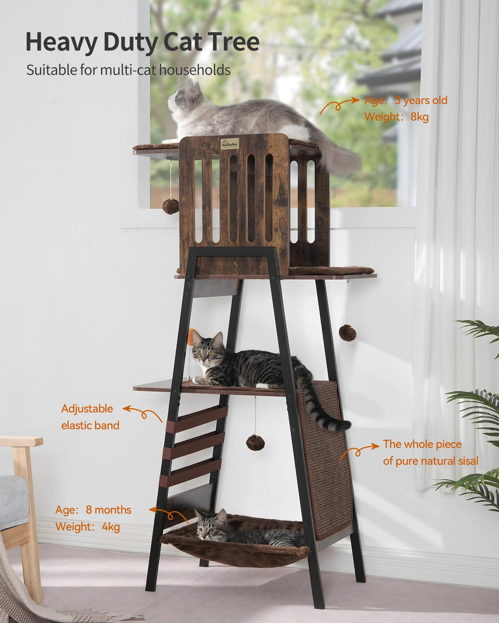 FourFurPets cat tree features a cozy hammock for lounging after play.