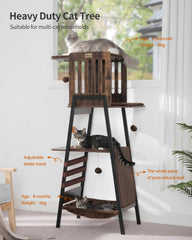 FourFurPets cat tree features a cozy hammock for lounging after play.