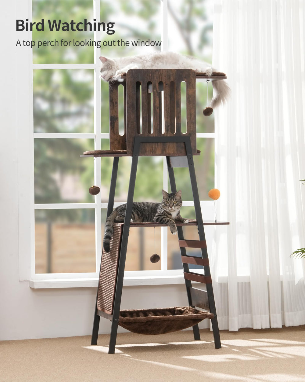 FourFurPets cat tree offers hanging toys to spark interactive play.
