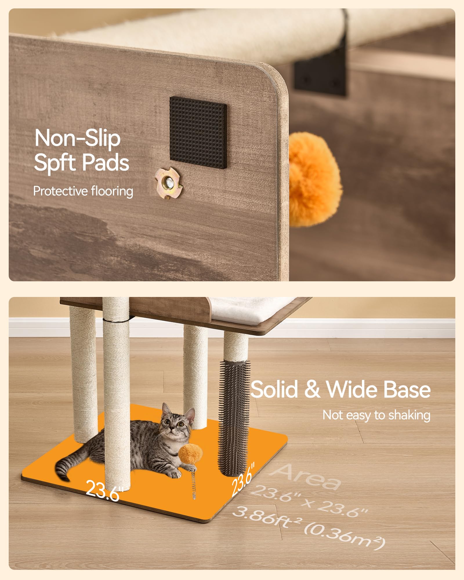 FourFurPets cat tree-pom-poms include extra plush play options.